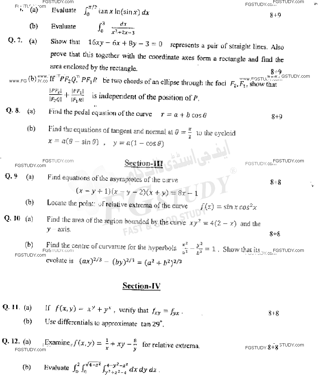 BSc Part 1 Mathematics General 1 Calculus Differential And Integral Calculus Past Paper 2019 Punjab University