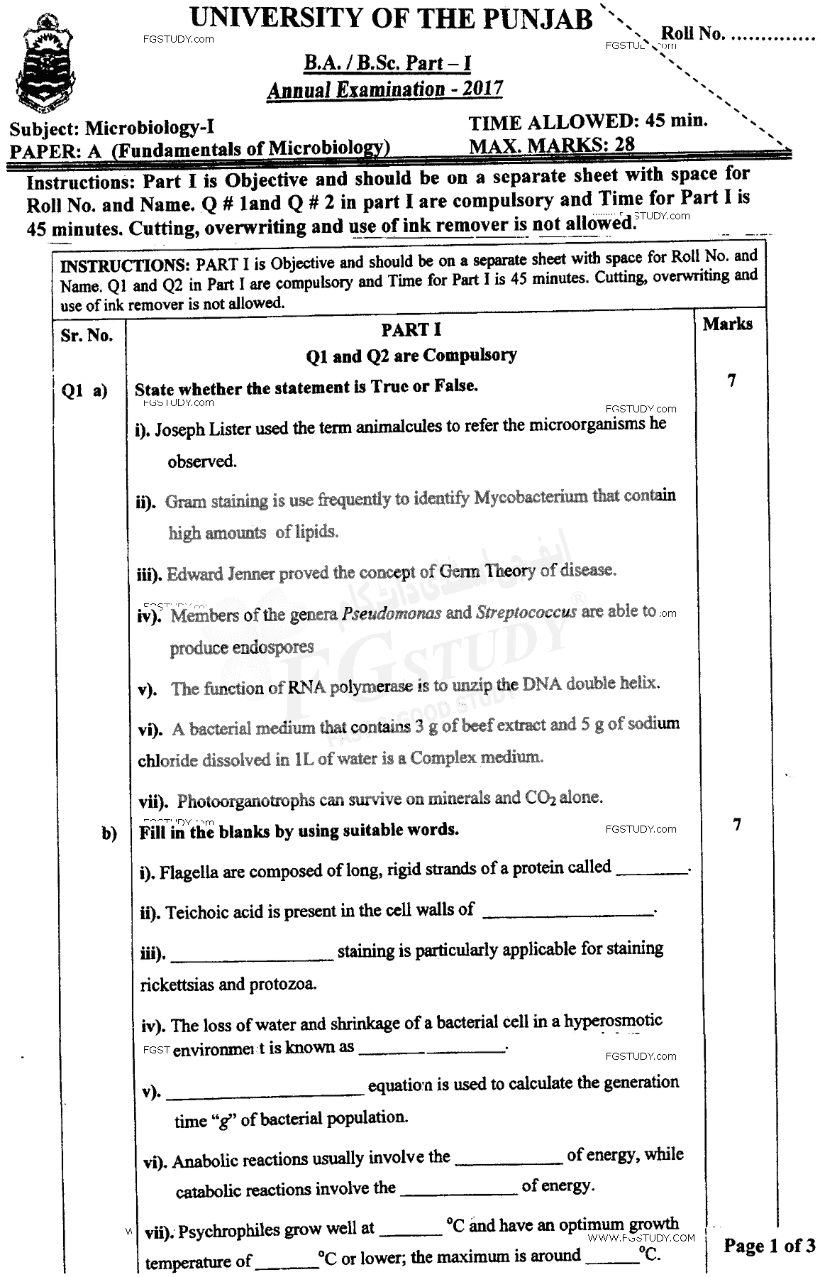 BSc Part 1 Microbiology 1 Fundamentals Of Microbiology Past Paper 2017 Punjab University Objective