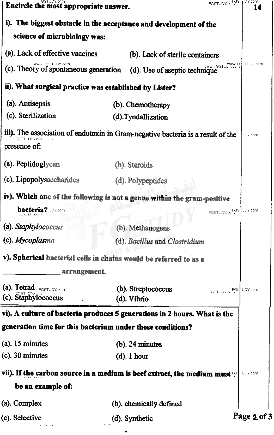 BSc Part 1 Microbiology 1 Fundamentals Of Microbiology Past Paper 2017 Punjab University Objective