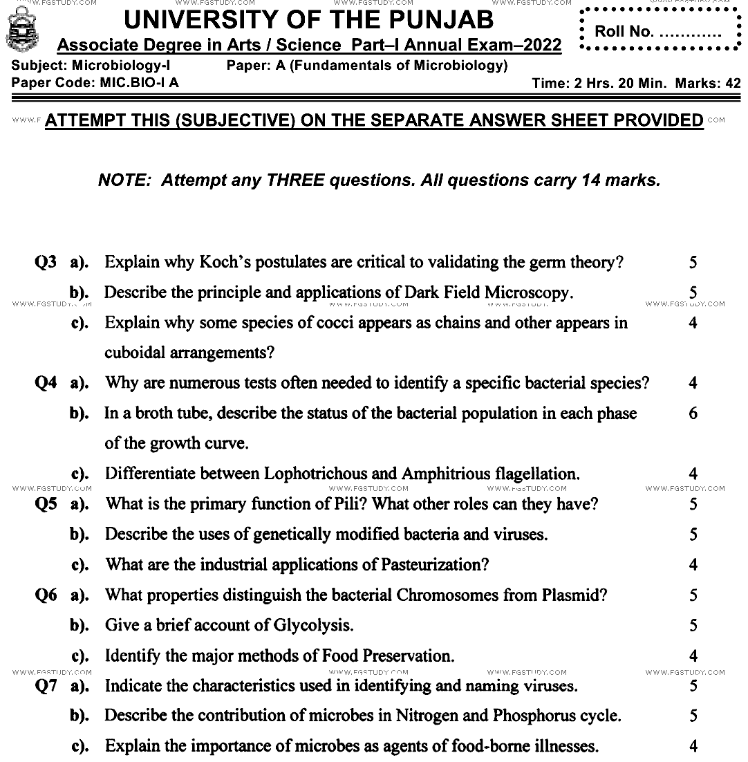 BSc Part 1 Microbiology 1 Fundamentals Of Microbiology Past Paper 2022 Punjab University Subjective
