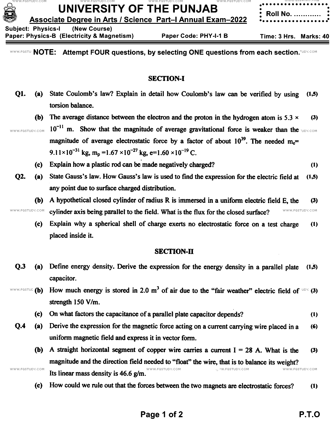 BSc Part 1 Physics 1 Electricity And Magnetism Past Paper 2022 Punjab University Subjective