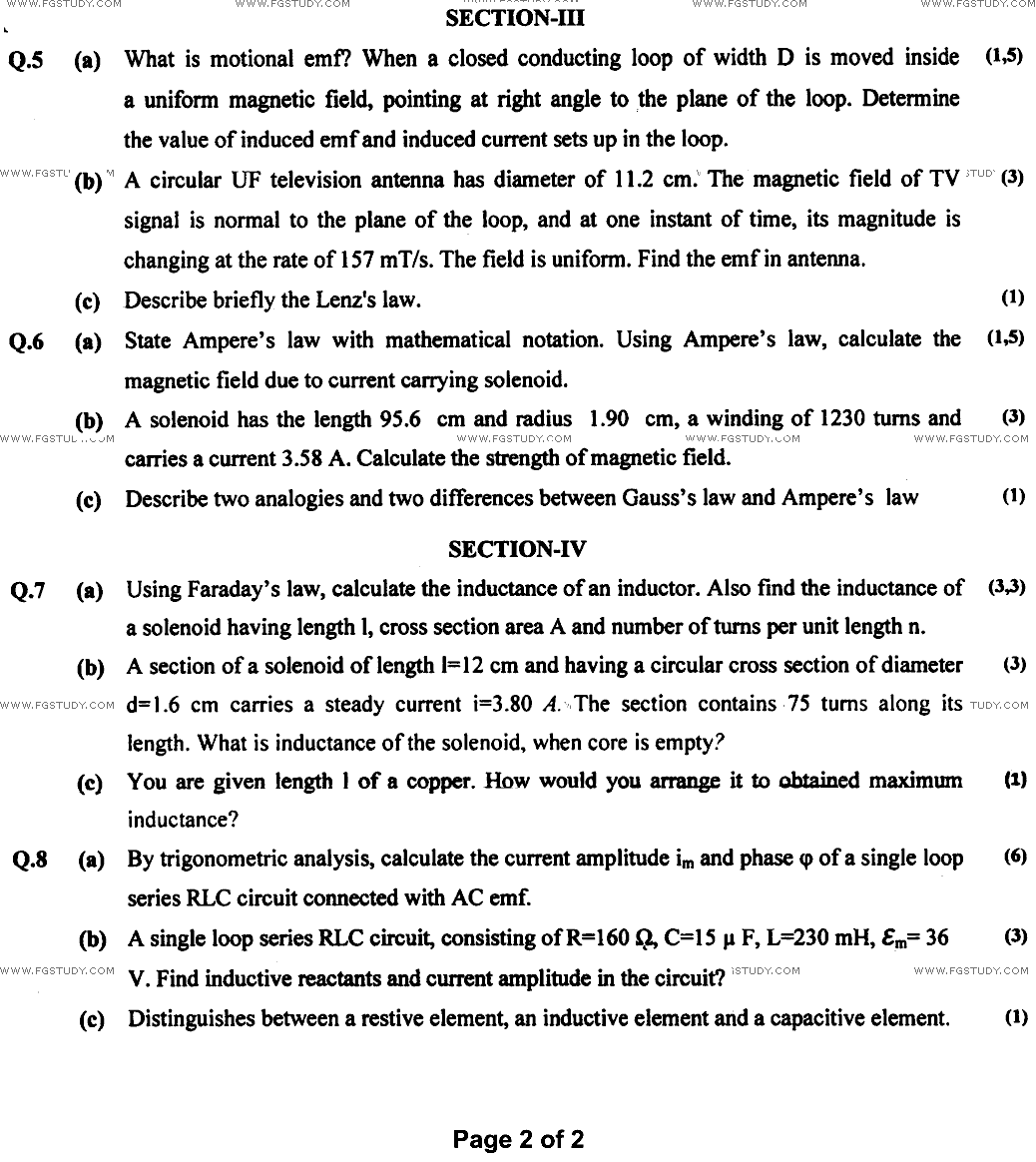 BSc Part 1 Physics 1 Electricity And Magnetism Past Paper 2022 Punjab University Subjective