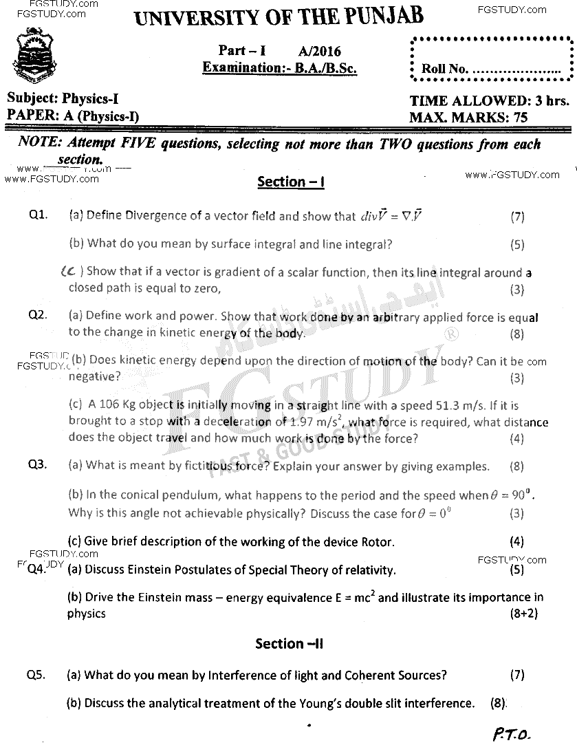BSc Part 1 Physics 1 Past Paper 2016 Punjab University