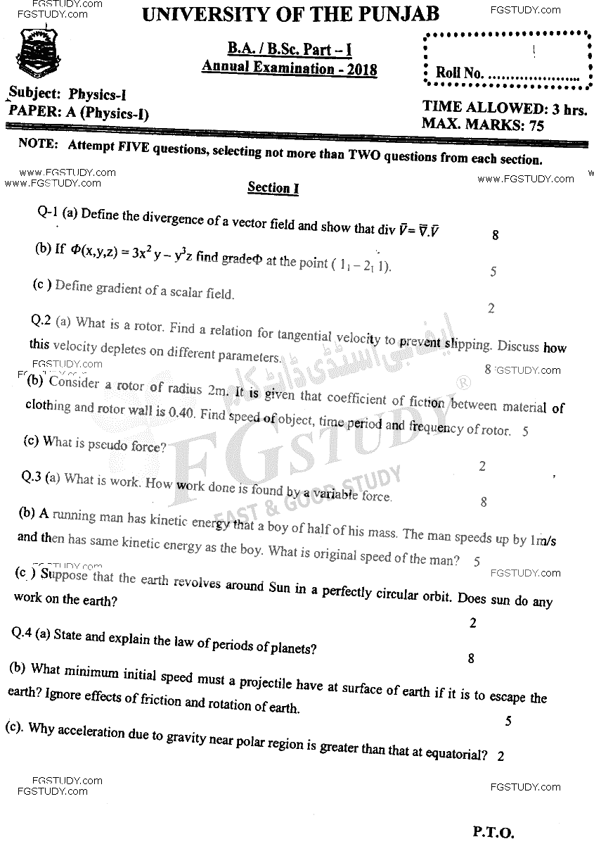 BSc Part 1 Physics 1 Past Paper 2018 Punjab University