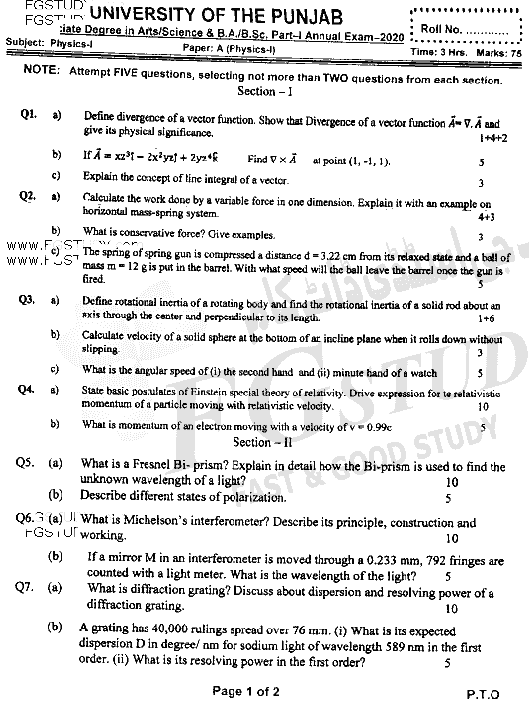 BSc Part 1 Physics 1 Past Paper 2020 Punjab University