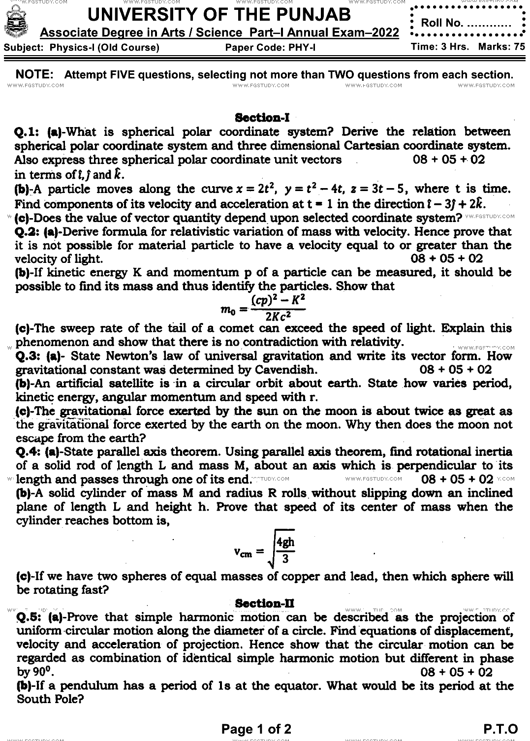 BSc Part 1 Physics 1 Past Paper 2022 Punjab University Group 1 Subjective