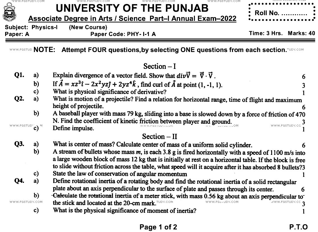 BSc Part 1 Physics 1 Past Paper 2022 Punjab University Group 2 Subjective