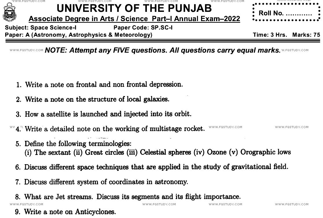 BSc Part 1 Space Science 1 Astronomy Astrophysics And Meteorology Past Paper 2022 Punjab University Subjective