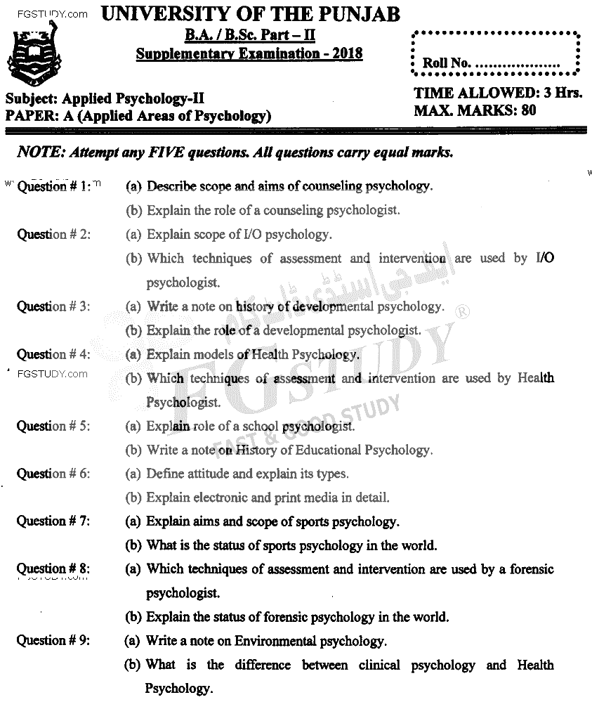 BSc Part 2 Applied Psychology 2 Applied Areas Of Psychology Past Paper 2018 Punjab University