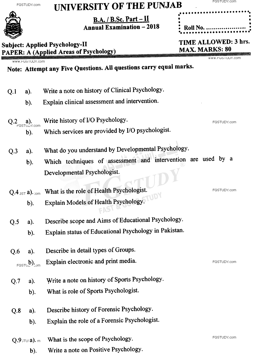 BSc Part 2 Applied Psychology 2 Applied Areas Of Psychology Past Paper 2018 Punjab University