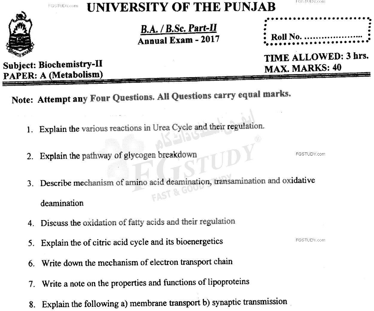 BSc Part 2 Biochemistry 2 Metabolism Past Paper 2017 Punjab University
