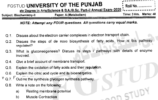BSc Part 2 Biochemistry 2 Metabolism Past Paper 2020 Punjab University Subjective