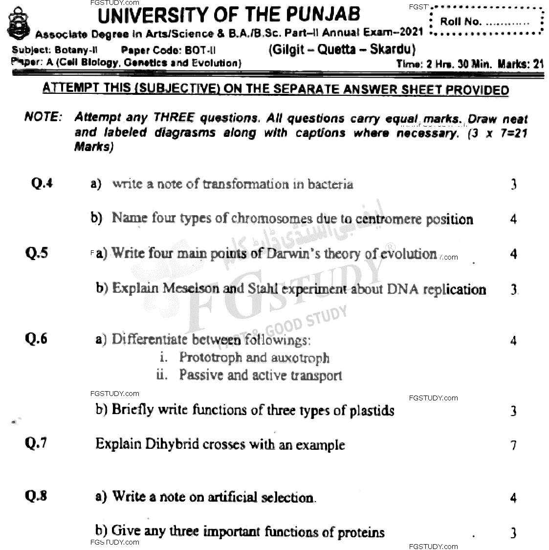BSc Part 2 Botany 2 Cell Biology Genetics And Evolution Past Paper 2021 Punjab University Subjective