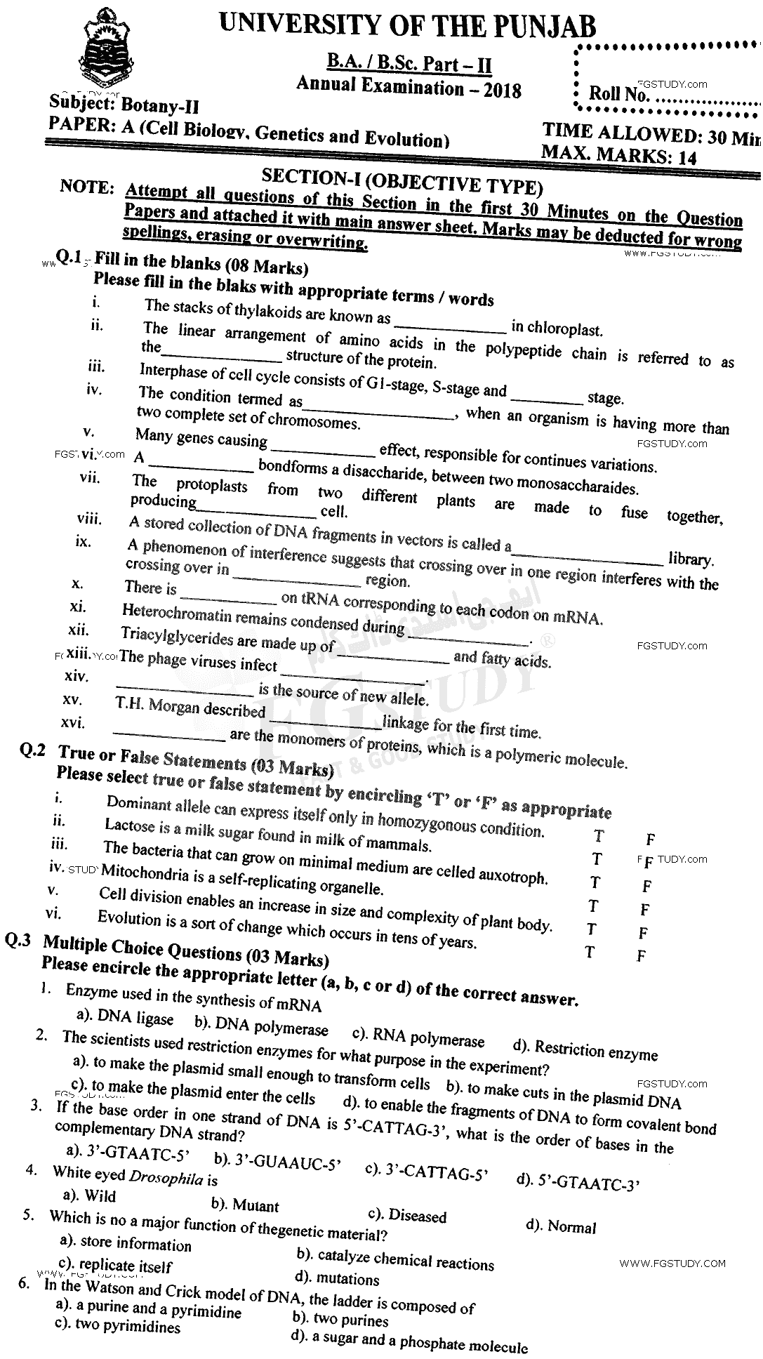 BSc Part 2 Botany 2 Cell Biology Genetics And Evolution Past Paper 2018 Punjab University Objective