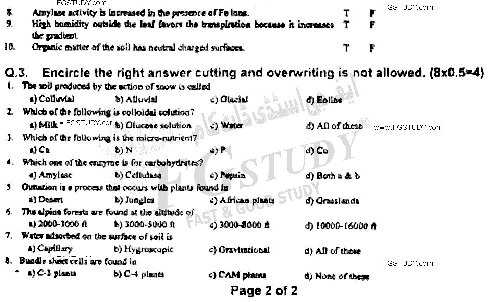 BSc Part 2 Botany 2 Physiology And Ecology Past Paper 2021 Punjab University Objective