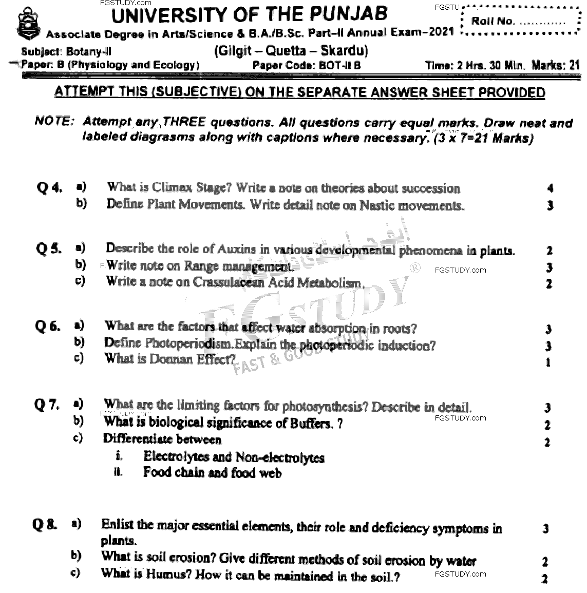 BSc Part 2 Botany 2 Physiology And Ecology Past Paper 2021 Punjab University Subjective