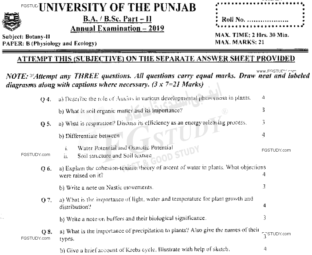 BSc Part 2 Botany 2 Physiology And Ecology Past Paper 2019 Punjab University Subjective