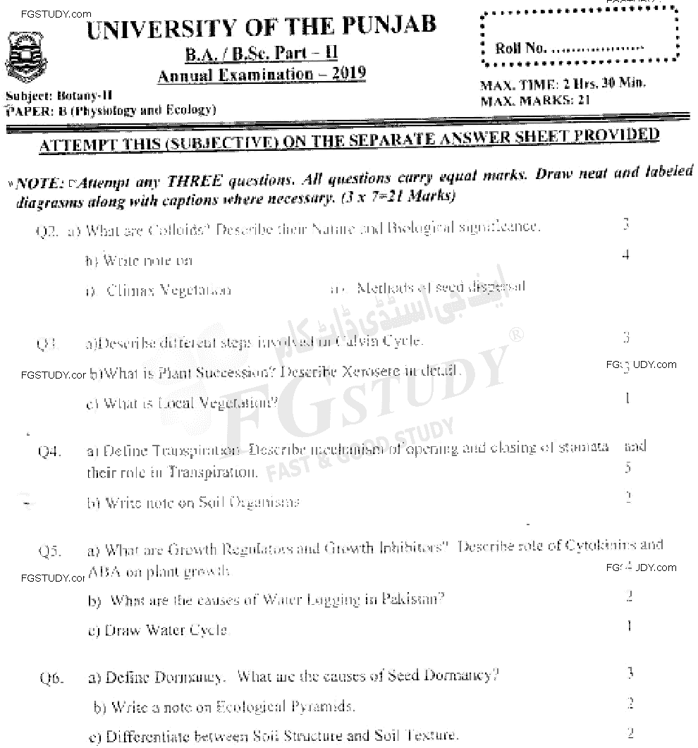 BSc Part 2 Botany 2 Physiology And Ecology Past Paper 2019 Punjab University Subjective