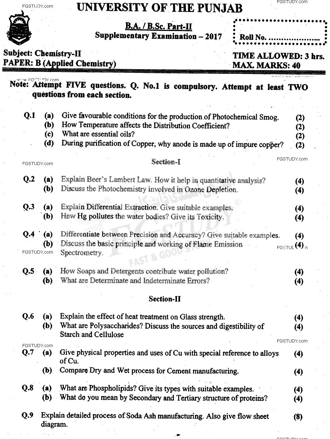 BSc Part 2 Chemistry 2 Applied Chemistry Past Paper 2017 Punjab University