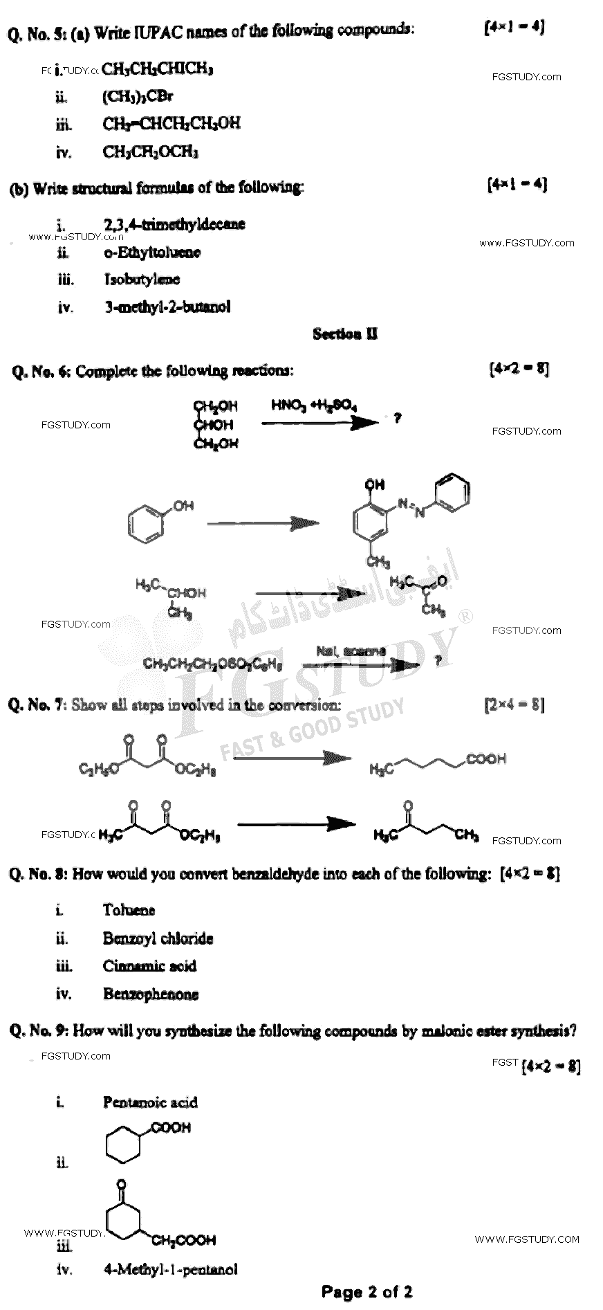 BSc Part 2 Chemistry 2 Organic Chemistry Past Paper 2021 Punjab University Subjective