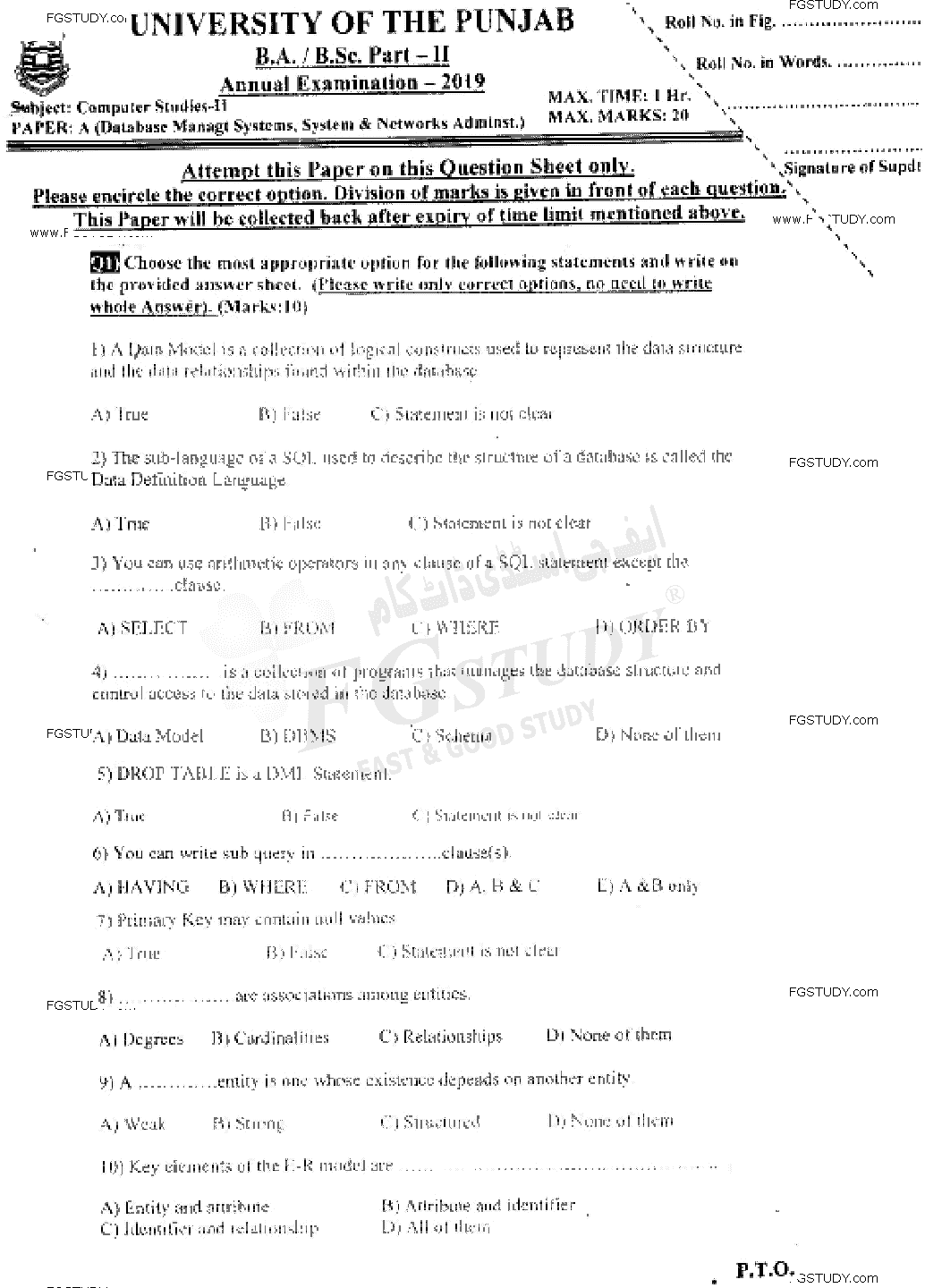 BSc Part 2 Computer Studies 2 Data Base Management Systems And System And Network Administration Past Paper 2019 Punjab University Objective