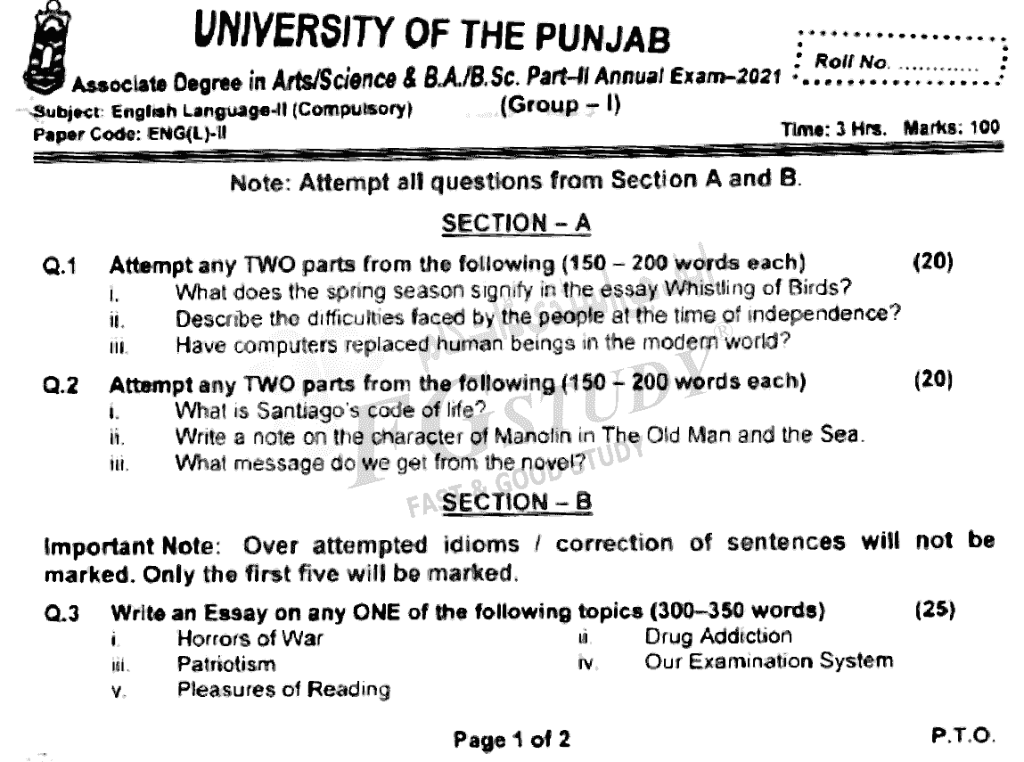 BSc Part 2 English Language 2 Past Paper 2021 Punjab University Group 1 Subjective