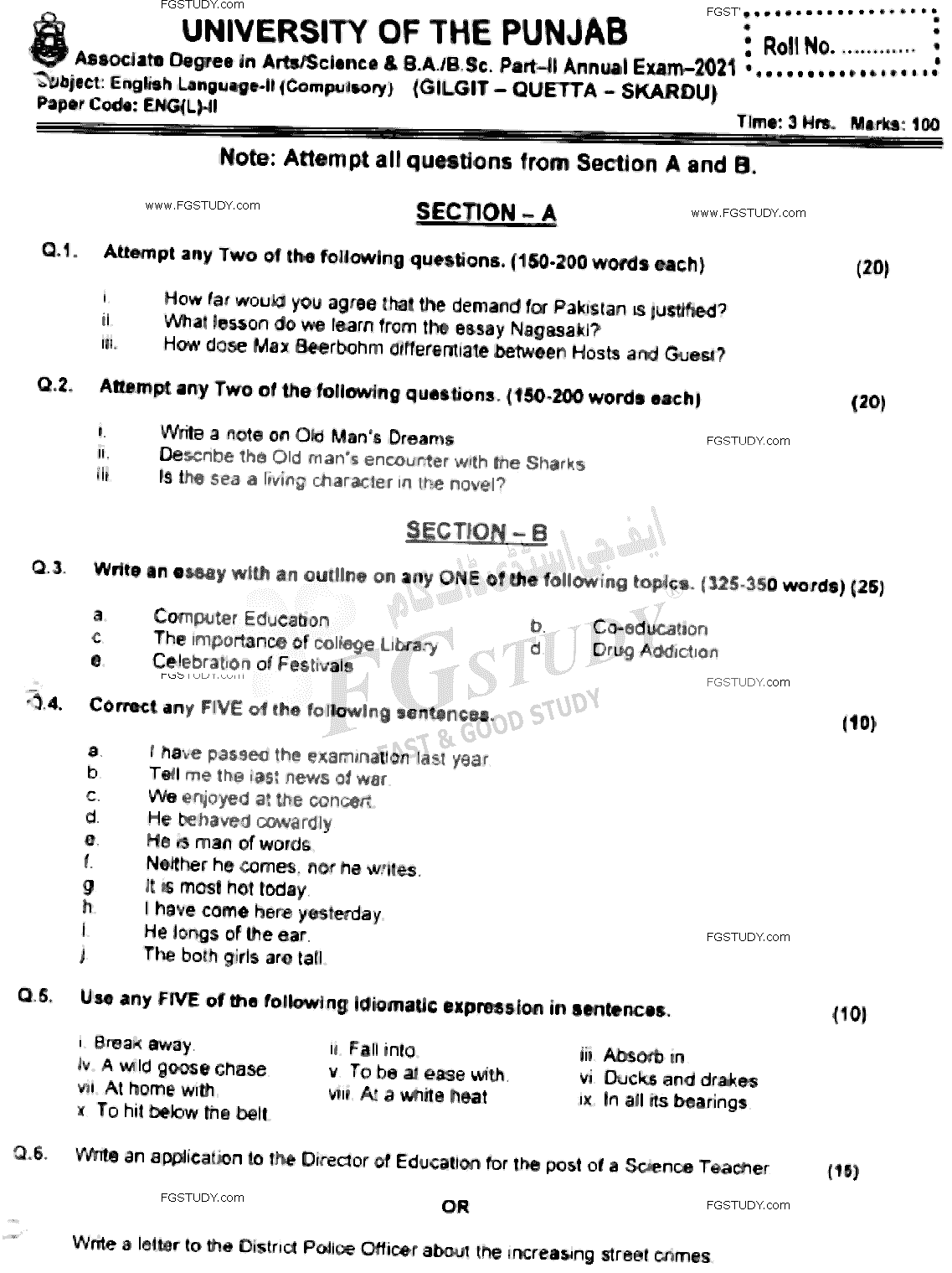 BSc Part 2 English Language 2 Past Paper 2021 Punjab University Subjective