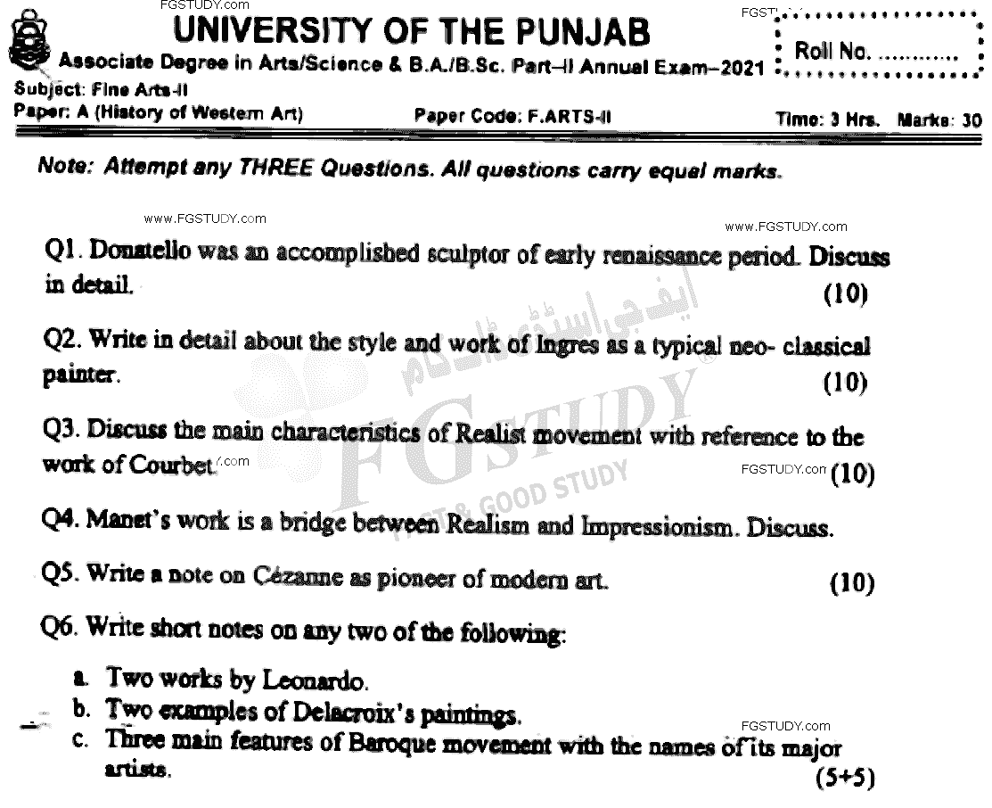 BSc Part 2 Fine Arts 2 History Of Western Art Past Paper 2021 Punjab University Subjective