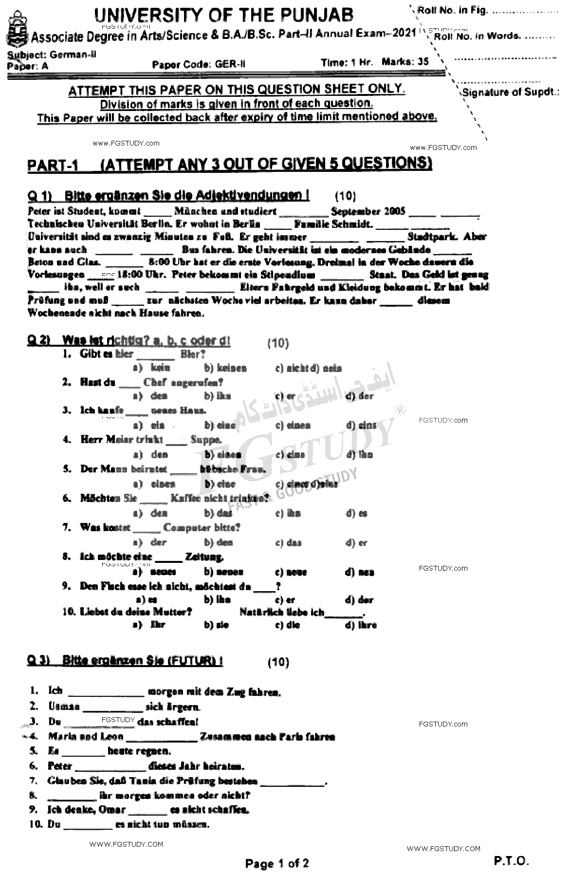 BSc Part 2 German 2 Past Paper 2021 Punjab University Objective