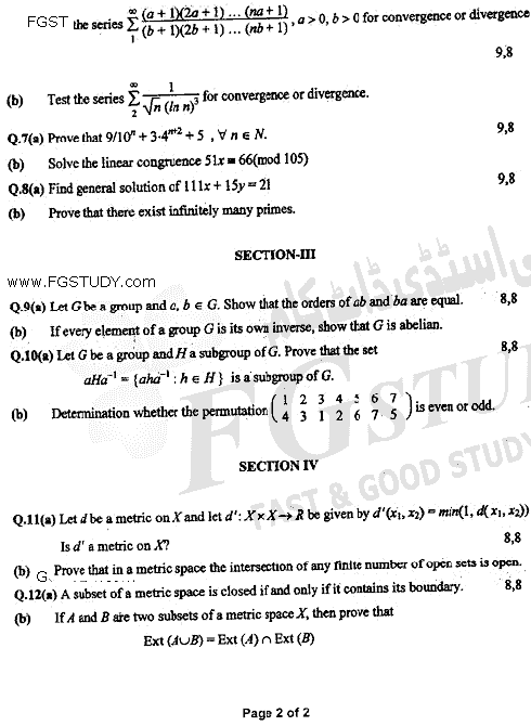 BSc Part 2 Mathematics B Course 2 Mathematical Methods Group Theory And Metric Spaces Past Paper 2020 Punjab University