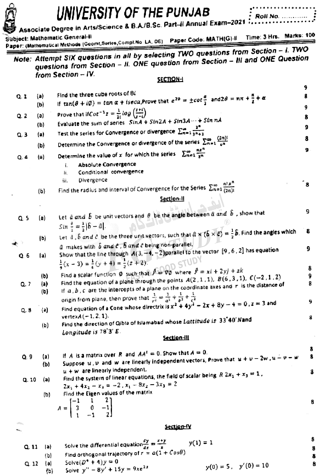 BSc Part 2 Mathematics General 2 Mathematical Methods Past Paper 2021 Punjab University Subjective