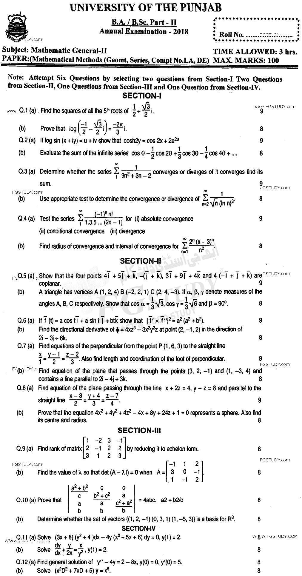 BSc Part 2 Mathematics General 2 Mathematical Methods Past Paper 2018 Punjab University
