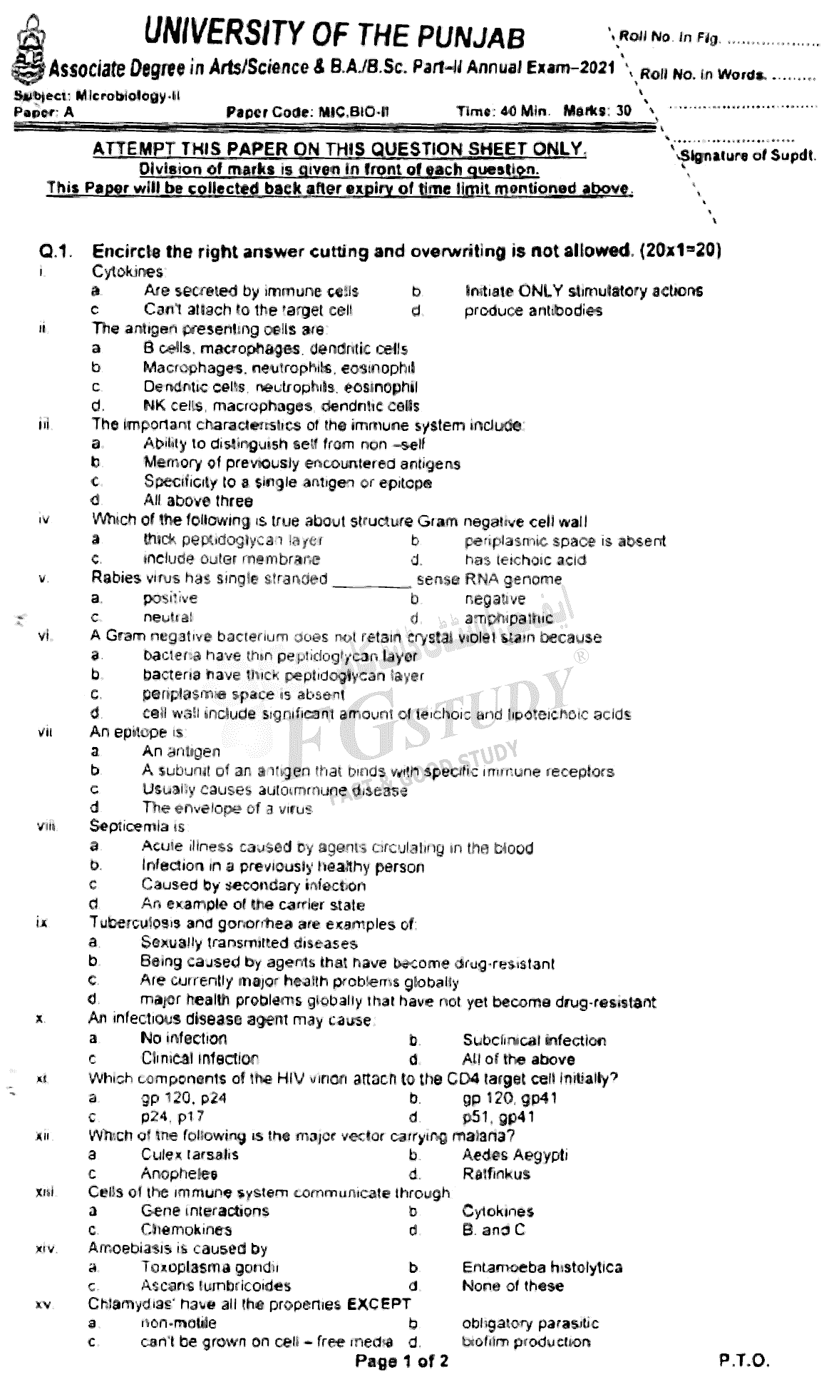 BSc Part 2 Microbiology 2 Past Paper 2021 Punjab University Objective