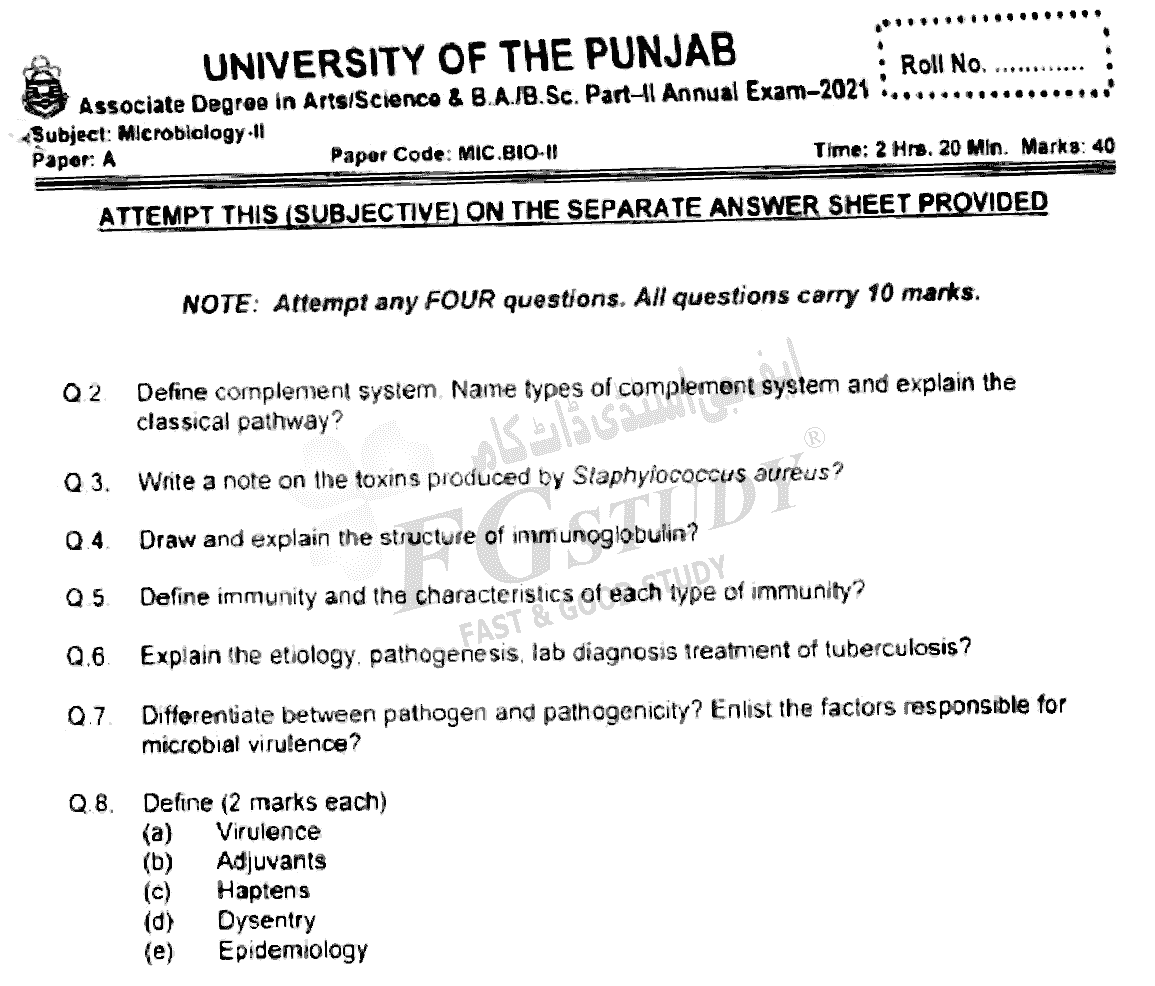 BSc Part 2 Microbiology 2 Past Paper 2021 Punjab University Subjective