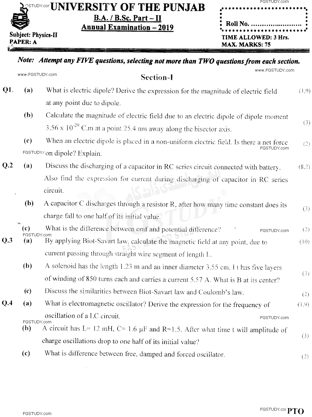 BSc Part 2 Physics 2 Past Paper 2019 Punjab University