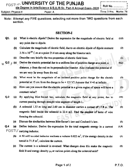 BSc Part 2 Physics 2 Past Paper 2020 Punjab University