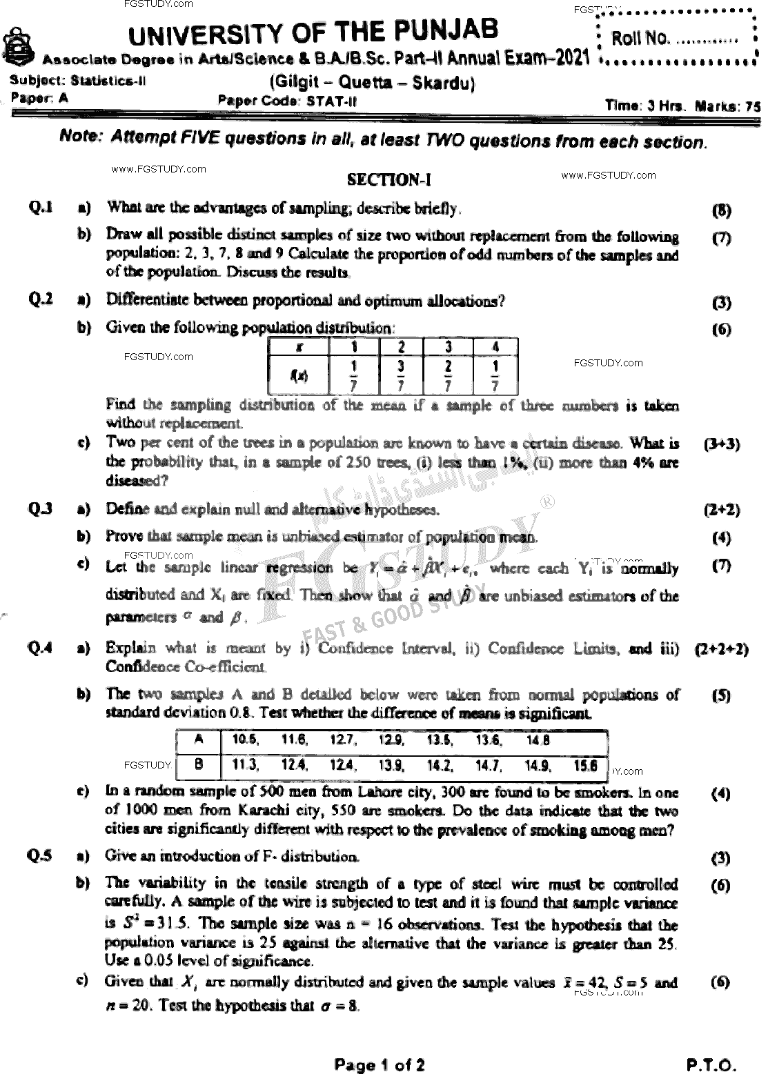 BSc Part 2 Statistics 2 Past Paper 2021 Punjab University Subjective