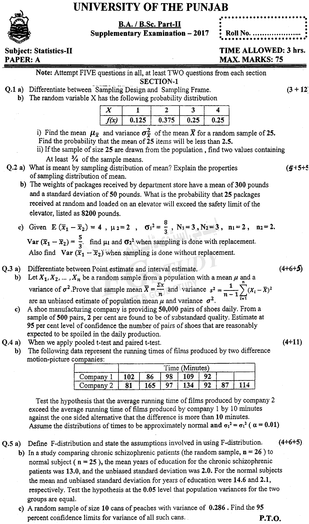 BSc Part 2 Statistics 2 Past Paper 2017 Punjab University