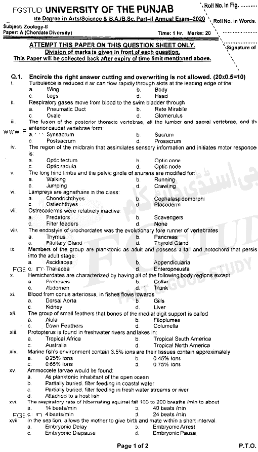 BSc Part 2 Zoology 2 Chordates Diversity Past Paper 2020 Punjab University Objective