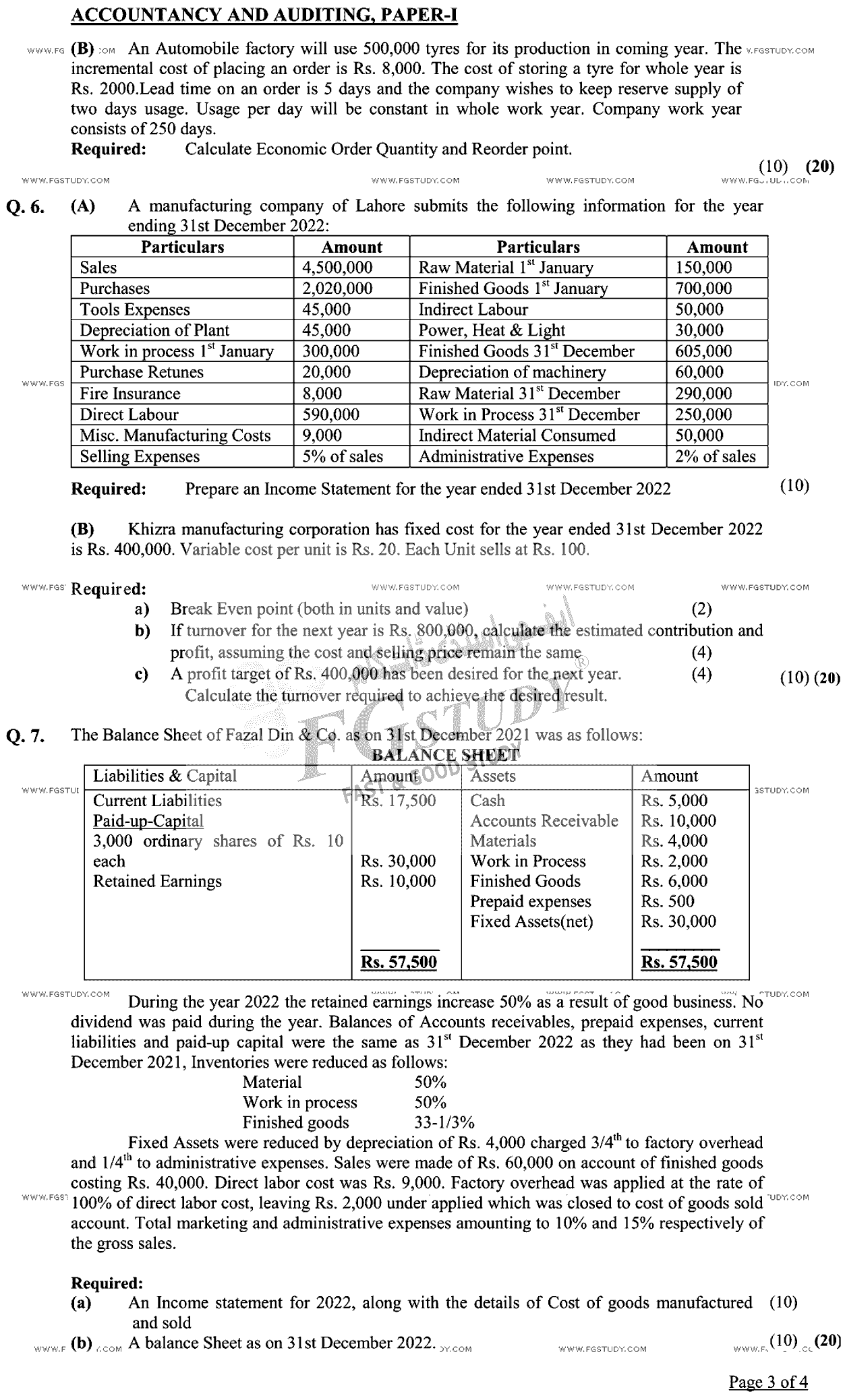 CSS Accountancy And Auditing 1 Past Paper 2023 Federal Public Service Commission