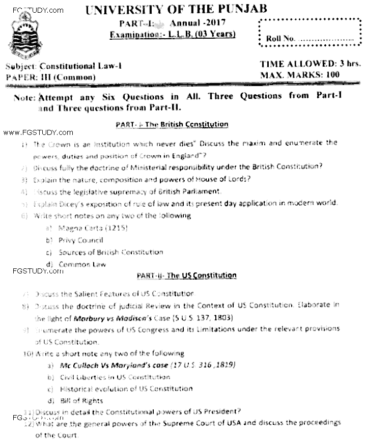 LLB Part 1 Constitutional Law 1 Past Paper 2017 Punjab University