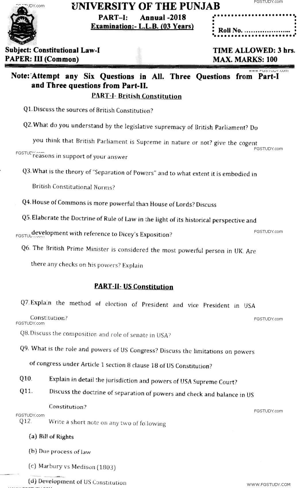 LLB Part 1 Constitutional Law 1 Past Paper 2018 Punjab University