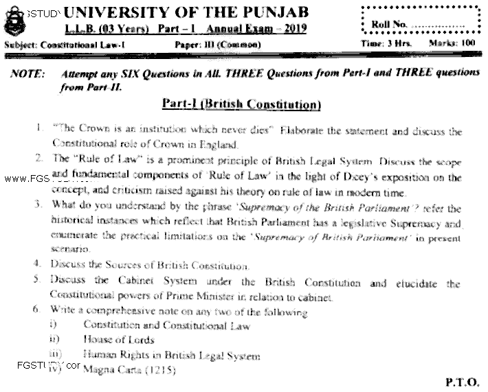 LLB Part 1 Constitutional Law 1 Past Paper 2019 Punjab University
