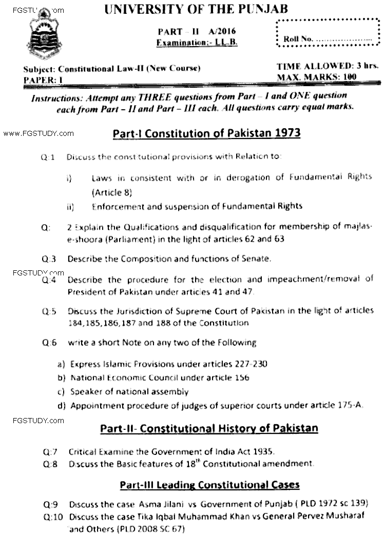 LLB Part 1 Constitutional Law 2 Past Paper 2016 Punjab University