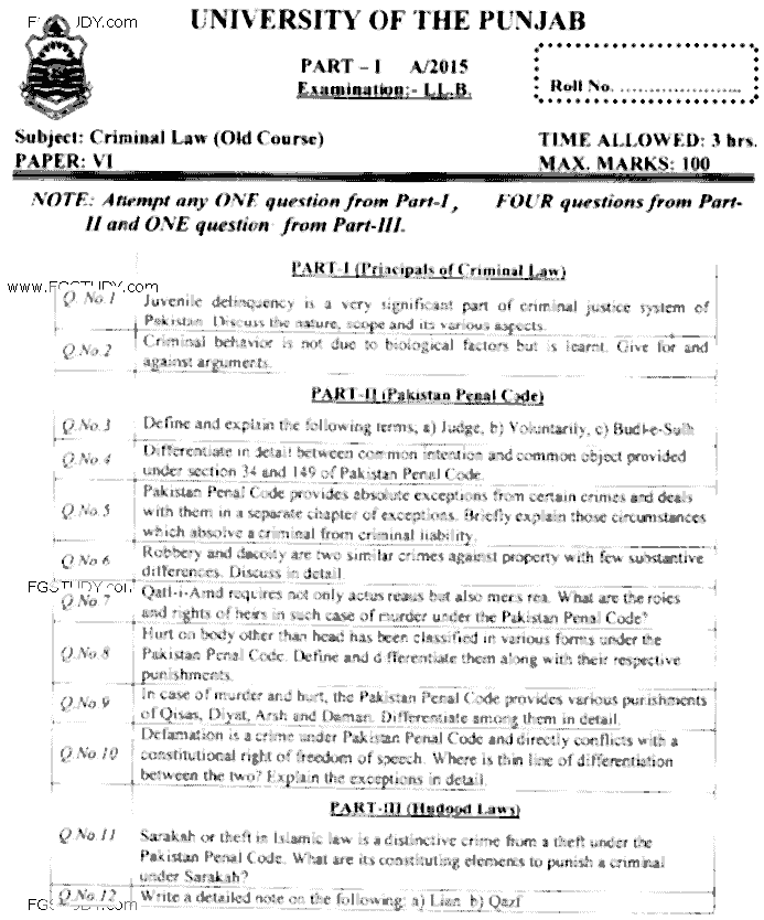 LLB Part 1 Criminal Law Past Paper 2015 Punjab University