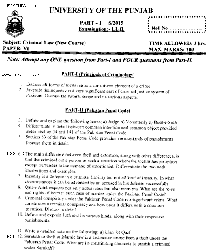 LLB Part 1 Criminal Law Past Paper 2015 Punjab University