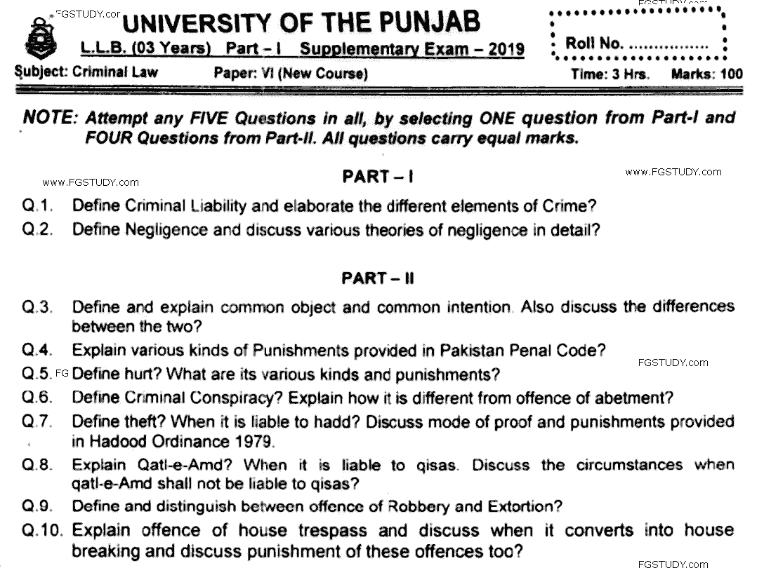 LLB Part 1 Criminal Law Past Paper 2019 Punjab University