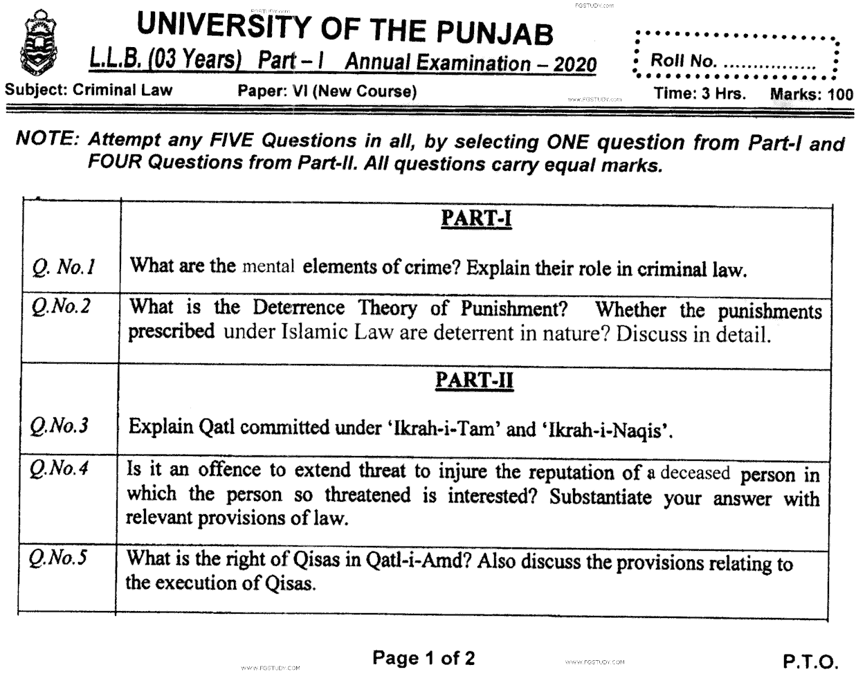 LLB Part 1 Criminal Law Past Paper 2020 Punjab University