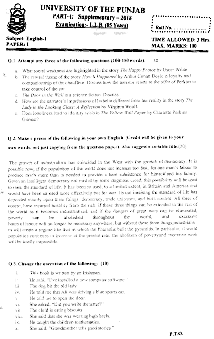 LLB Part 1 English 1 Past Paper 2018 Punjab University