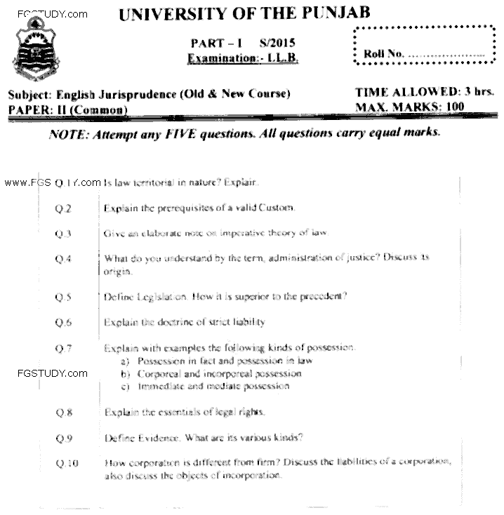 LLB Part 1 English Jurisprudence Past Paper 2015 Punjab University